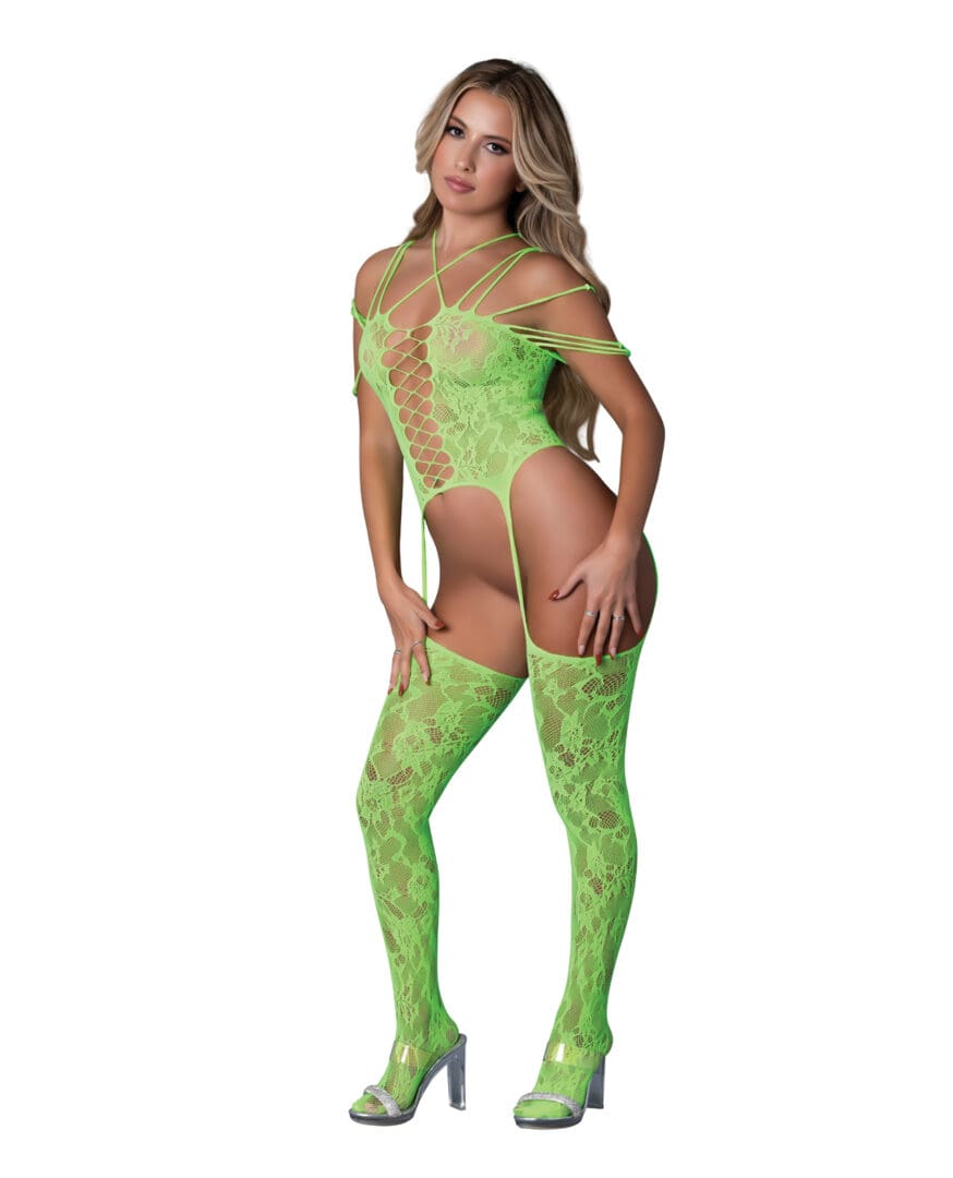 Seamless Strappy Body Stocking - Neon Green O/S