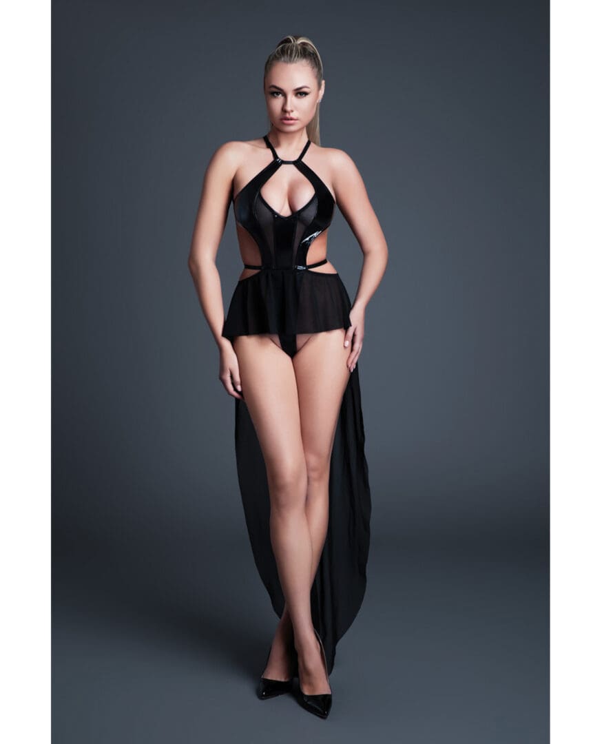 Allure Take Me Latex Look Vinyl and Mesh Teddy w/Attached Skirt - Black XL