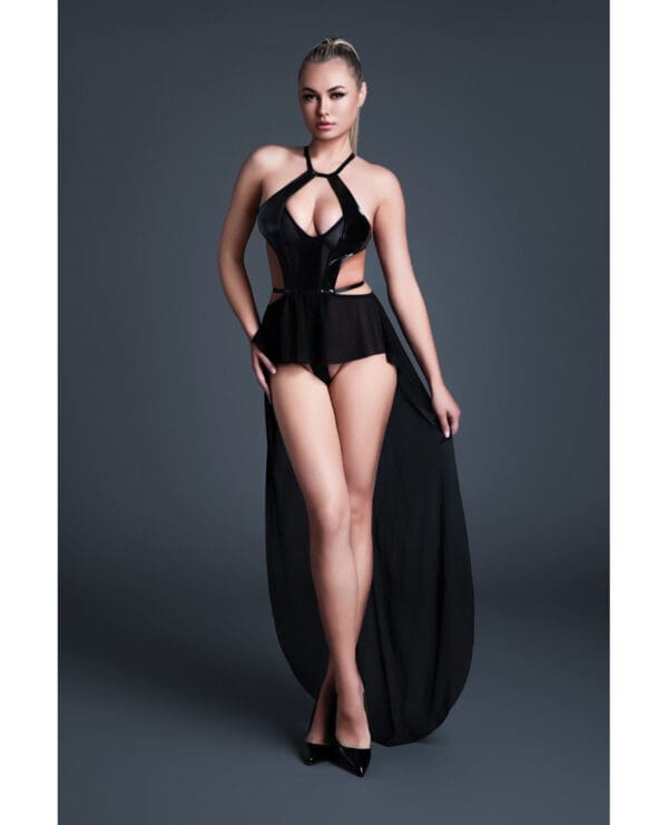 Allure Take Me Latex Look Vinyl and Mesh Teddy w/Attached Skirt - Black XL - Image 2