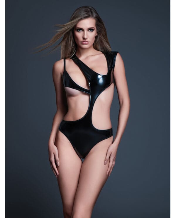 Allure Risque Lover Latex Look Vinyl Peek-A-Boo Teddy - Black SM - Image 2