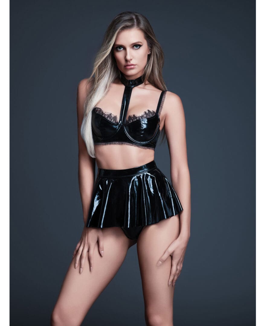 Allure Naughty Nights Latex Look Vinyl and Lace Choker Bra & Mini Skirt 2 pc Set - Black SM