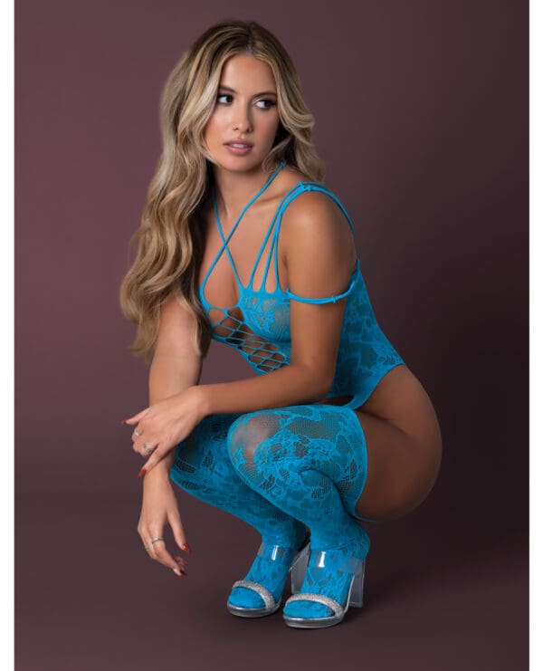 Seamless Strappy Body Stocking - Turquoise O/S - Image 3