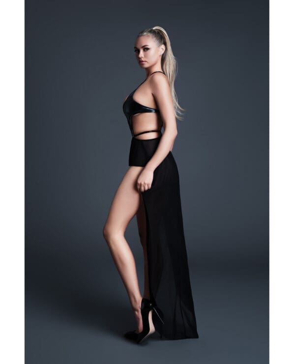 Allure Take Me Latex Look Vinyl and Mesh Teddy w/Attached Skirt - Black SM - Image 3