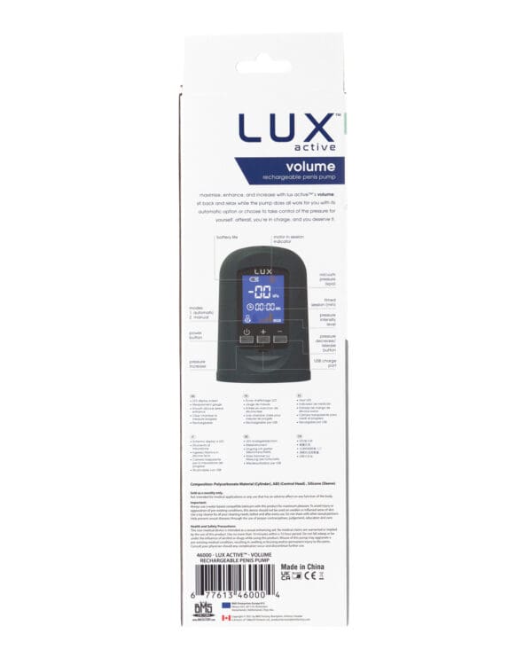 Lux Active Volume Rechargeable Penis Pump - Black - Image 2