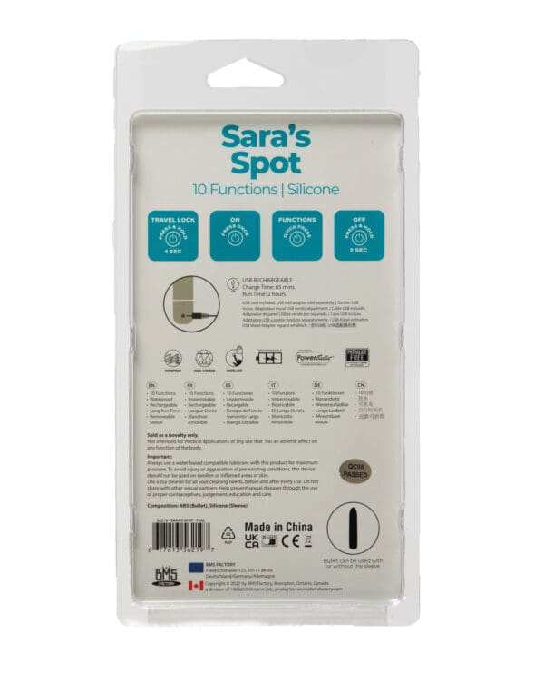 Sara's Spot Rechargeable Bullet w/G Spot Sleeve - 10 Functions Teal - Image 2