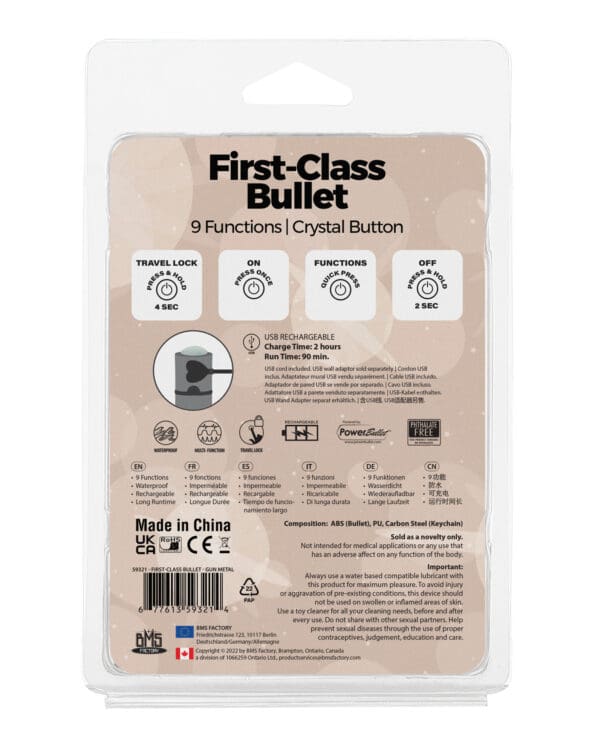 First Class Mini Rechargeable Bullet w/Crystal - 9 Functions Gun Metal - Image 2