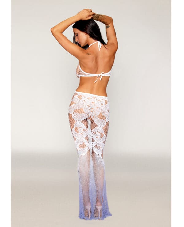 Deep Plunge Halter Seamless Bodystocking Gown w/Lace and Fishnet - White/Lavender O/S - Image 2
