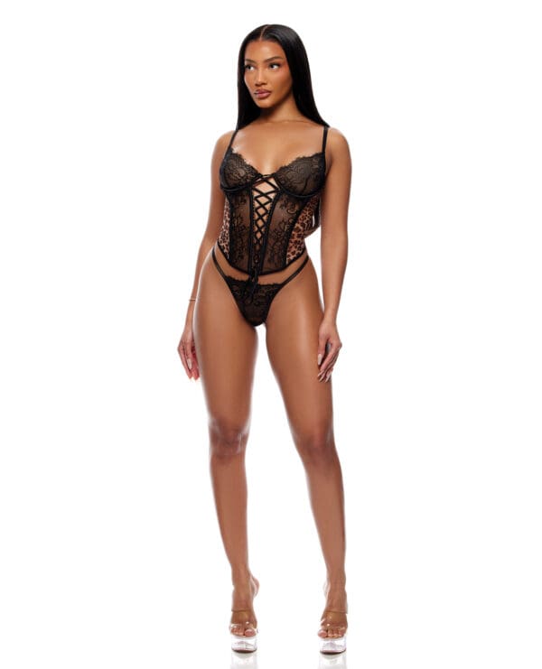 Animal Instincts Sheer Mesh and Lace Bustier w/Thong 2 pc Set - Animal SM - Image 2