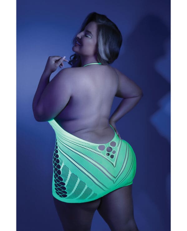 Glow Black Light Net Halter Dress Neon Green QN - Image 2