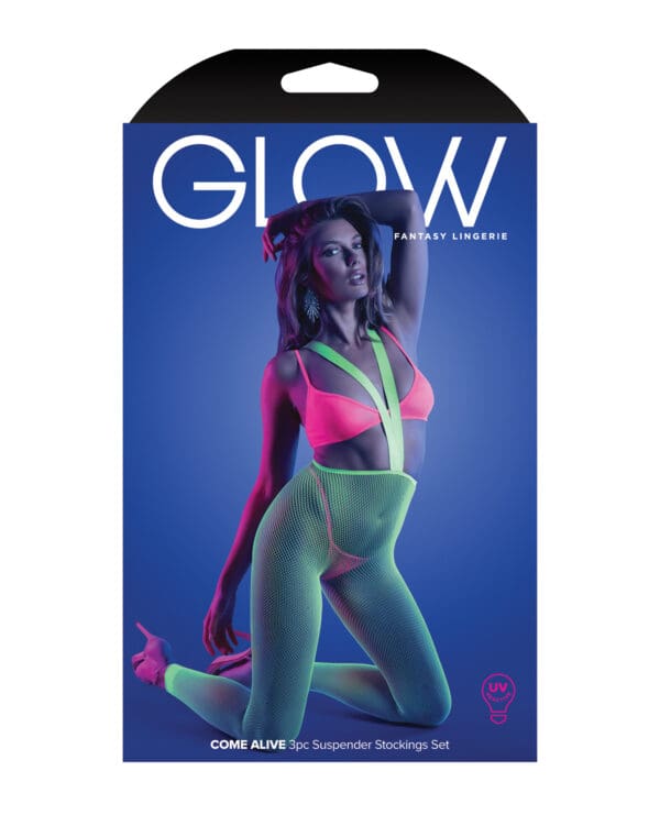 Glow Come Alive Suspender Stockings, Bralette & G-String Multi Color O/S - Image 4
