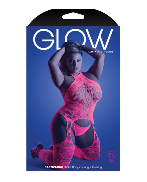 Glow Captivating Halter Bodystocking & G-String Neon Pink QN - Image 3