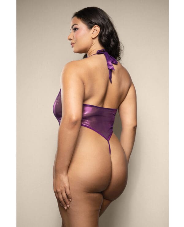 Opulence Shimmer Mesh Halter Teddy w/Pearl Details - Purple QN - Image 2