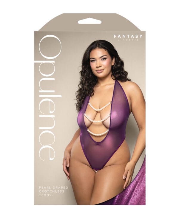 Opulence Shimmer Mesh Halter Teddy w/Pearl Details - Purple QN - Image 3