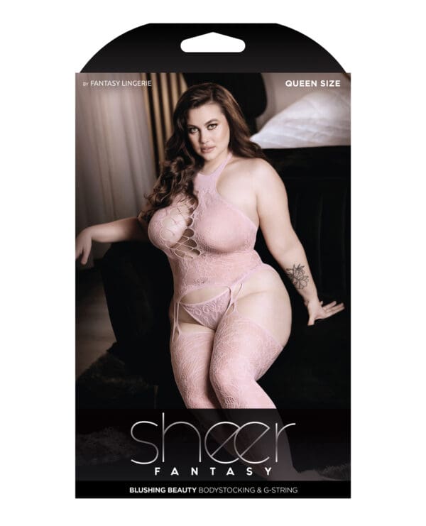 Sheer Fantasy High Neck Floral Lace Gartered Bodystocking & Panty Light Pink QN - Image 3