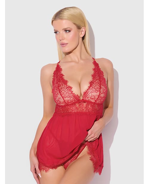 Mila Eyelash Lace & Mesh Babydoll w/G-String 2 pc Set - Red LG