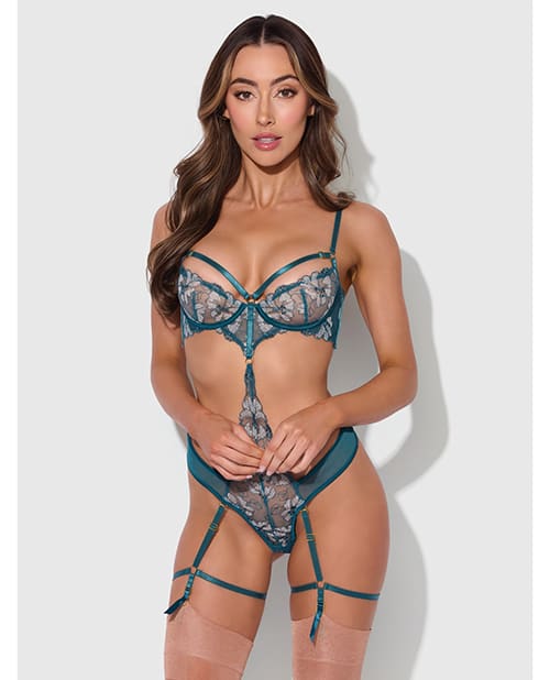 Nova Lace Teddy w/Garters - Jade Blue LG