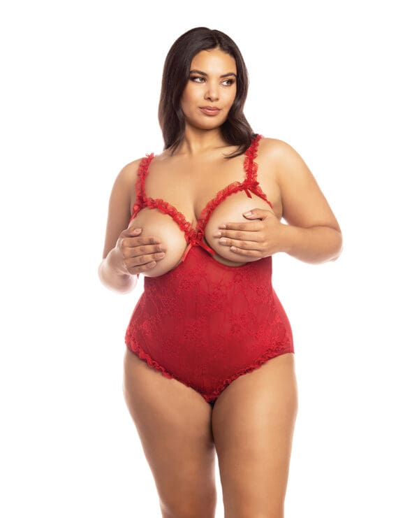Lace Open Cup & Crotchless Teddy Red QN - Image 2