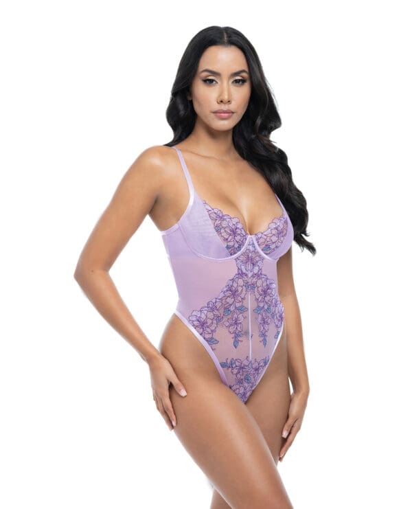 Lavender Embroidered Mesh Underwire Teddy - Lavender LG - Image 2