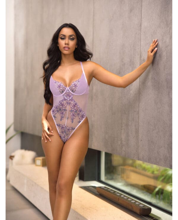 Lavender Embroidered Mesh Underwire Teddy - Lavender LG - Image 5