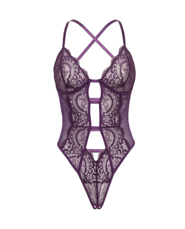Carmen Lace & Mesh Underwire Crotchless Teddy - Imperial Purple L/XL - Image 3