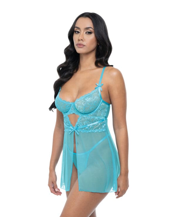 Emma Floral Lace & Mesh Underwire Babydoll w/G-String 2 pc Set - Beach Blue MD - Image 2