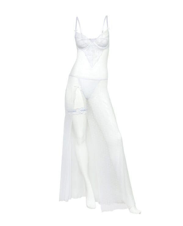 Livia Dot Mesh & Lace Underwire Gown & Garter 2 pc Set - White L/XL - Image 3