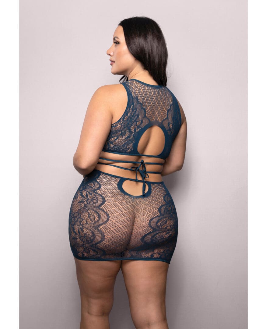 Vixen Floral Lace Knit Tie Back Top w/Skirt 2 pc Set - Navy QN - Image 2