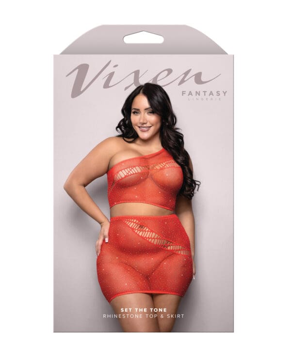 Vixen Set The Tone Rhinestone Knit One Shoulder Top w/Skirt 2 pc Set - Red QN - Image 3