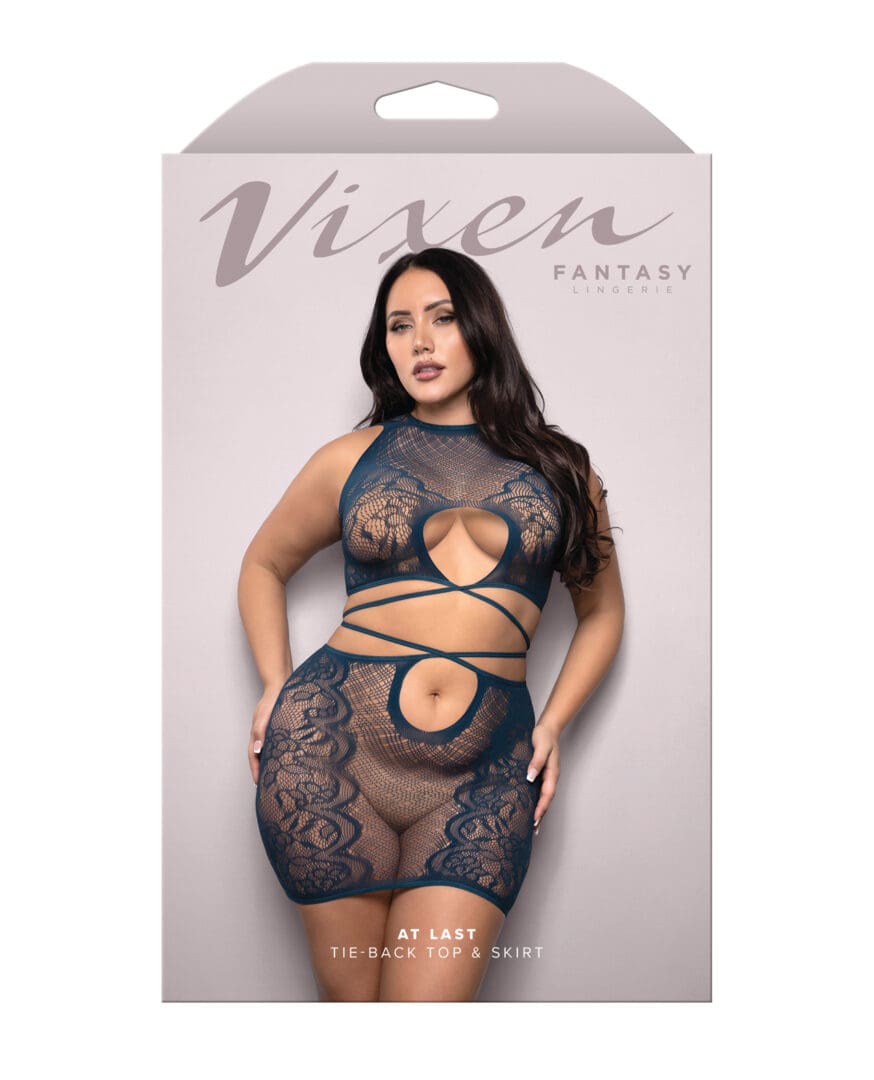 Vixen Floral Lace Knit Tie Back Top w/Skirt 2 pc Set - Navy QN - Image 3