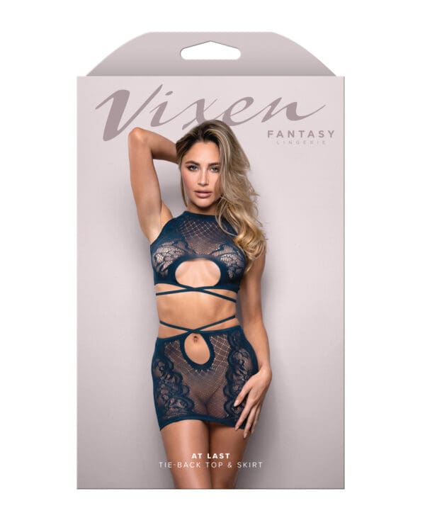 Vixen Floral Lace Knit Tie Back Top w/Skirt 2 pc Set - Navy O/S - Image 3